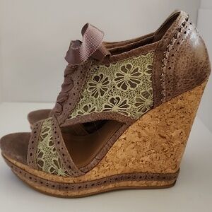 Not Rated Brown Suede Wedge Sandals with Green Lace Trim